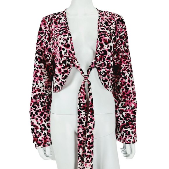 QED London Tops - NEW Qed Black Pink Leopard Print Long Sleeve Cropped Top UK 14 Tie Front
